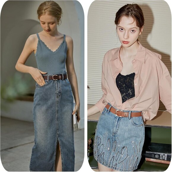 Pack 3 Women's Belts for Jeans Pants Gold Buckle Leather Belts Coffee Brown - Picture 5 of 5